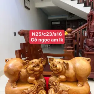 Tượng Cặp Heo Gỗ Ngọc Am Liền Khối Cao 23cm