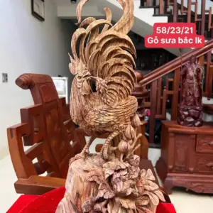 Tượng Nhất Kê Gỗ Sưa Bắc Liền Khối Hàng Nghệ Nhân Tắc Kê Vân Tím Lịm Có Sơn Cao 58cm