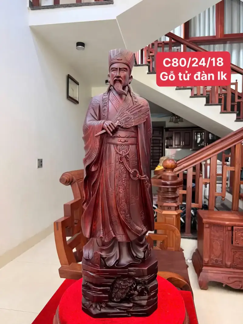 Tượng Gia Cát Lượng Gỗ Tử Đàn Liền Khối KT:80x24x18