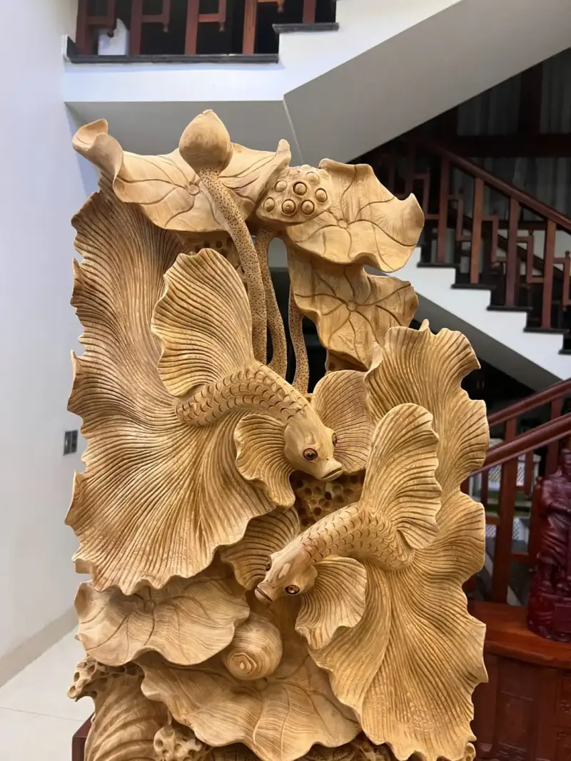 Tượng Cá Xiêm Gỗ Ngọc Am Liền Khối Mộc Đẹp KT:90x40x18