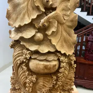 Tượng Cá Xiêm Gỗ Ngọc Am Liền Khối Mộc Đẹp KT:90x40x18