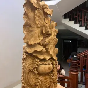 Tượng Cá Xiêm Gỗ Ngọc Am Liền Khối Mộc Đẹp KT:90x40x18